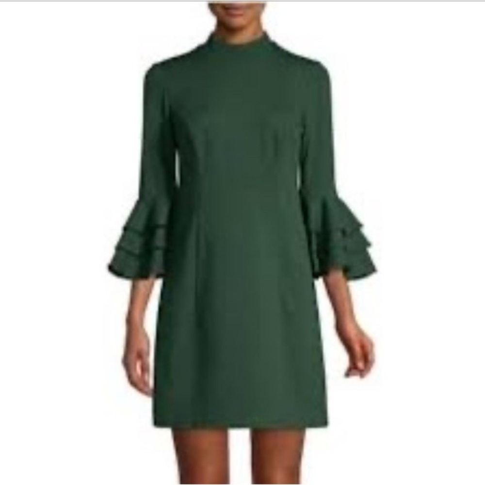 Trina Turk‎ Dress Womens Size 10 Dylan Green Tiered Ruffle Bell Sleeve Mock Neck